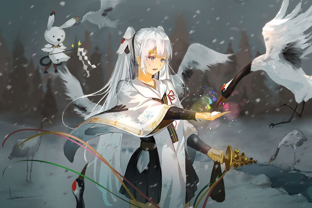 Обои для рабочего стола Vocaloid Hatsune Miku / Вокалоид Хатсуне Мику в костюме японской жрицы кормит с руки журавля в снежный вечер у водоема