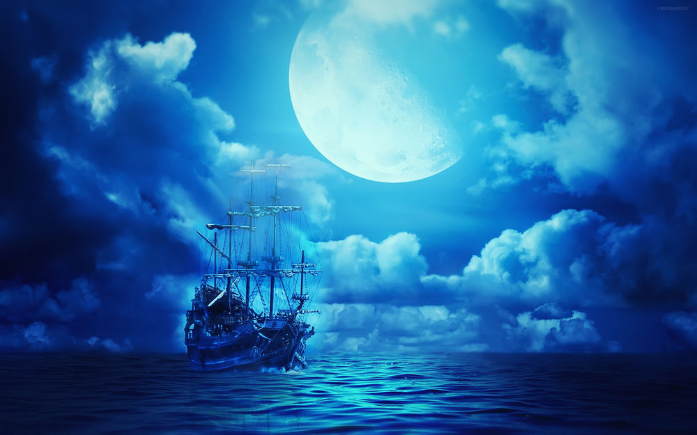 Обои для рабочего стола Корабль-призрак на фоне Луны в небе / Летучий голландец, фотограф Sergii Vidov