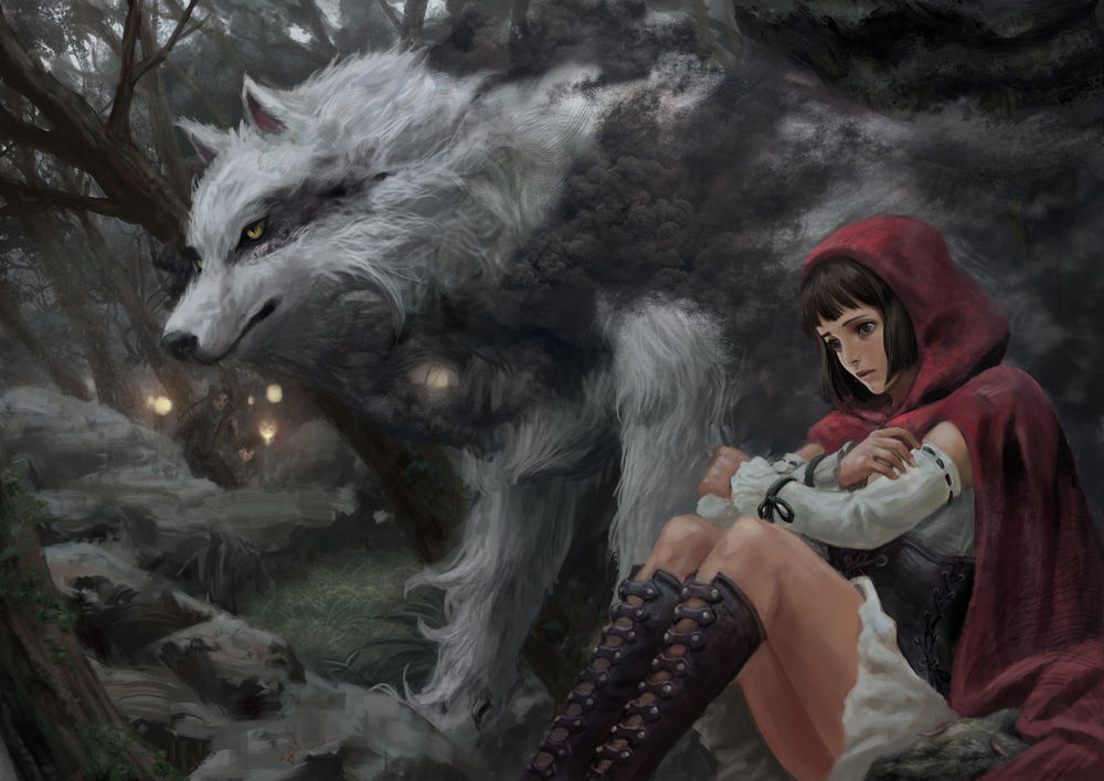 Обои для рабочего стола Red riding hood / Красная Шапочка и серый волк в лесу, by jae hyuck jang