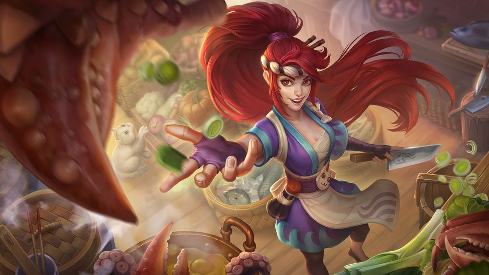 Обои для рабочего стола Akali / Акали в образе повара режет овощи на кухне, арт персонажа из игры League of Legends / Лига Легенд
