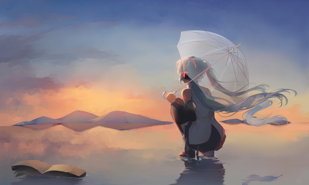 Обои для рабочего стола Vocaloid Hatsune Miku / Вокалоид Хатсунэ Мику сидит под зонтом, by saihate