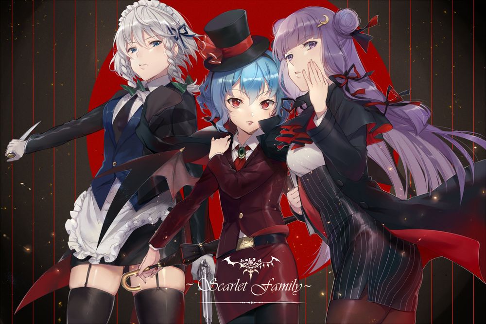 Обои для рабочего стола Remilia Scarlet / Ремилия Скарлет, Izayoi Sakuya / Сакуя Изаеи и Patchouli Knowledge / Пачули Нолидж из игры Проект Восток / Touhou Project