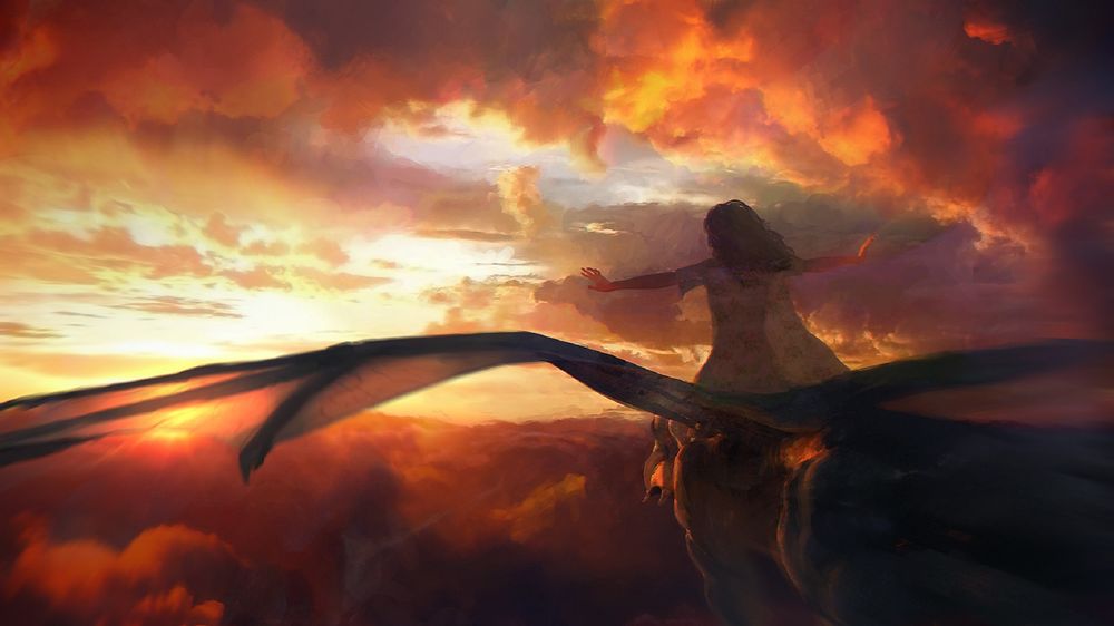 Обои для рабочего стола Dragon queen / Королева драконов летит в багряном зареве от заката неба на драконе, by Ilya Dykov