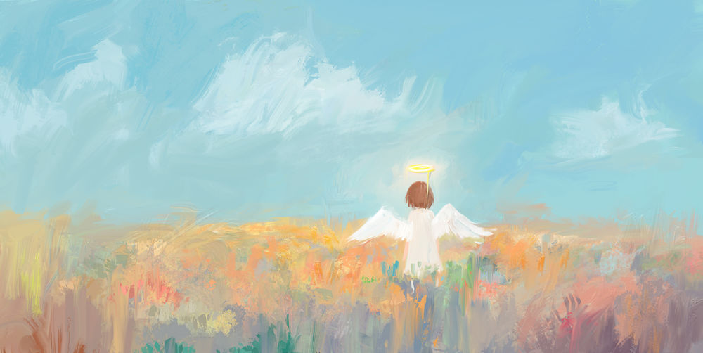 Обои для рабочего стола Девочка-ангел стоит среди травы на фоне неба