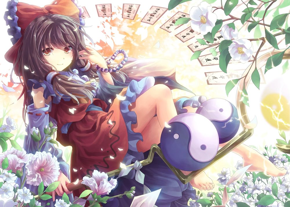 Обои для рабочего стола Reimu Hakurei / Рейму Хакурей практикуется в магии среди цветов из серии компьютерных игр Touhou Project / Проект Восток