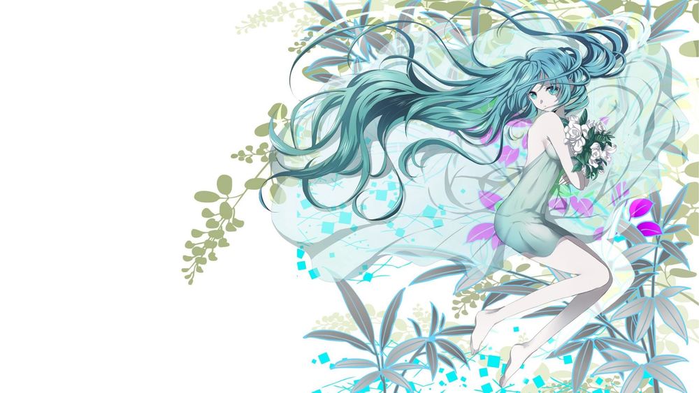 Обои для рабочего стола Vocaloid Miku Hatsune / Вокалоид Мику Хацунэ с букетами цветов в руках