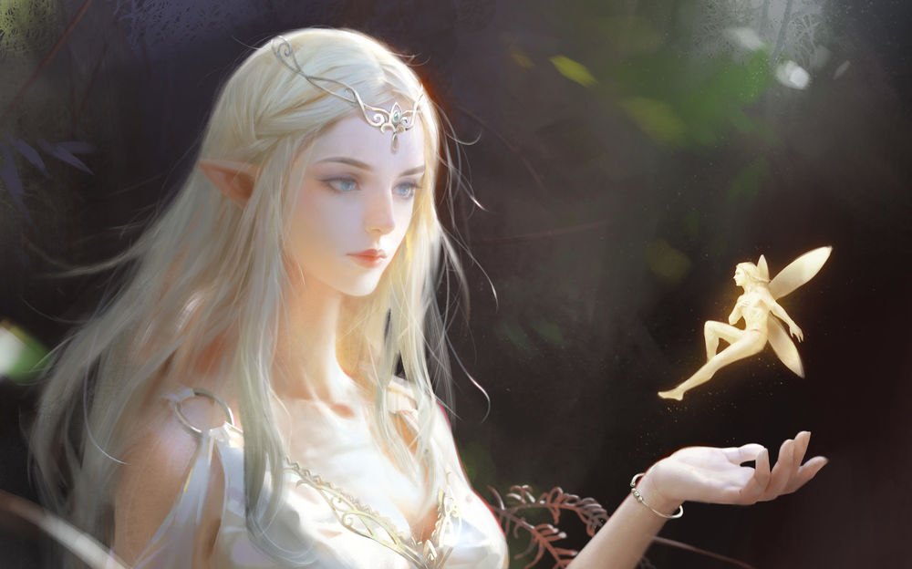 Обои для рабочего стола Лесная Fairy / Фея смотрит на парящего над ее ладонью эльфа, by Wang Xiao