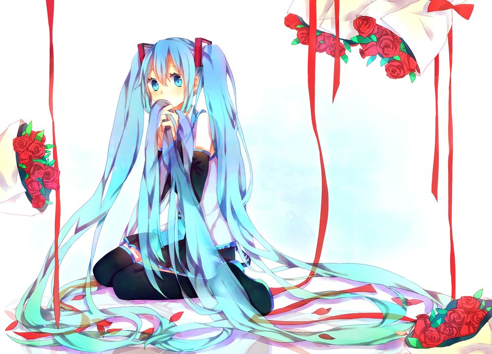 Обои для рабочего стола Растерянная Vocaloid Miku Hatsune / вокалоид Мику Хацунэ сидит на коленях среди букетов алых роз от поклонников