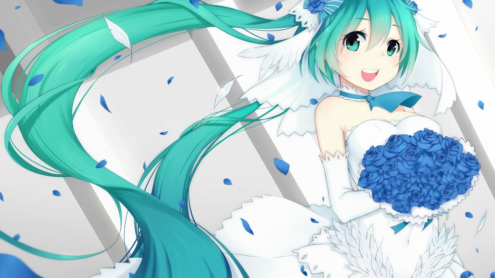 Обои для рабочего стола Vocaloid Miku Hatsune / Вокалоид Мику Хацунэ с букетом цветов в руках