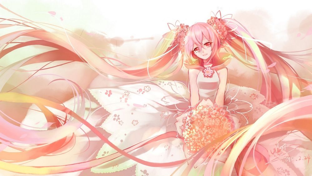 Обои для рабочего стола Vocaloid Sakura Miku / Вокалоид Сакура Мику с букетом цветов