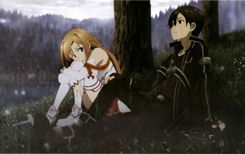 Обои для рабочего стола Asuna / Асуна и Kirito / Кирито сидят около дерева под дождем, арт к аниме Sword Art Online / Мастера Меча Онлайн