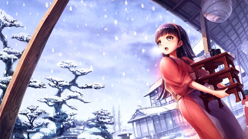 Обои для рабочего стола Девушка в костюме горничной в японской гостинице любуется первым снегом из аниме и игры Persona 4 / Персона 4