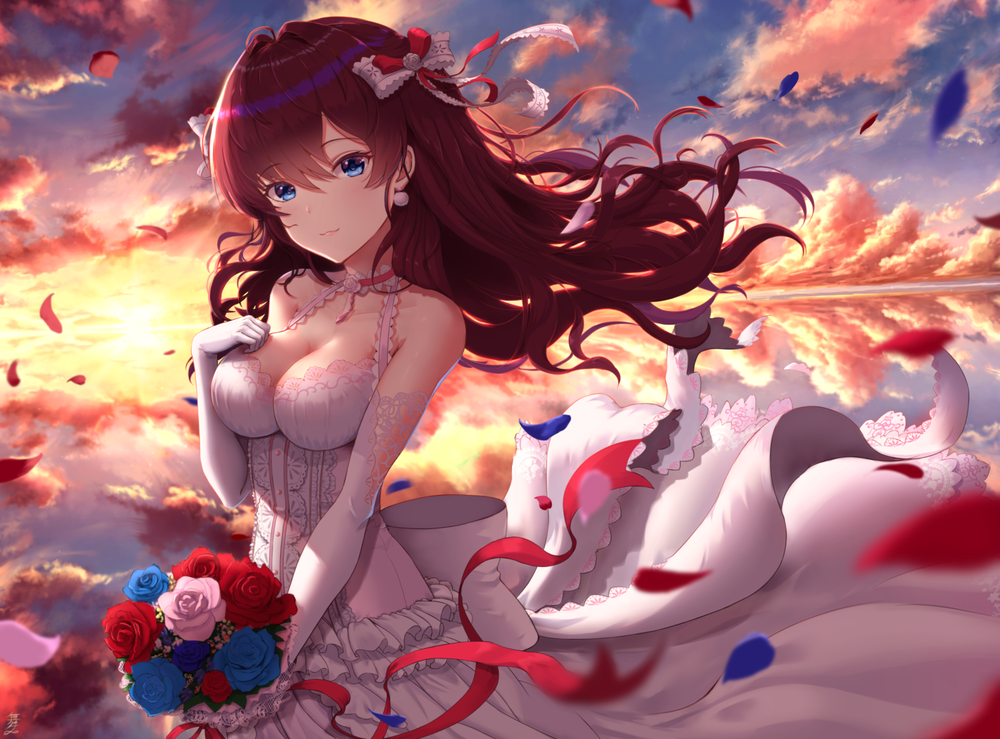 Обои для рабочего стола Невеста Ichinose Shiki / Ичиносе Шики с букетом роз в руке на фоне рассветного неба, зеркально отраженного спокойным морем, арт персонажа из аниме THE iDOLM@STER Cinderella Girls / Идолмастер девушки-золушки