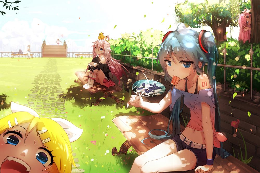 Обои для рабочего стола Vocaloids / вокалоиды Hatsune Miku / Хатсуне Мику, Ai, Рин Кагаминэ / Rin Kagamine и Мегурин Люка / Megurine Luka отдыхают жарким летним днем в саду