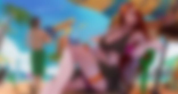 Обои на рабочий стол Katarina / Катарина с коктейлем сидит на шезлонге, арт к игре League of Legends / Лига Легенд, by DAHEIZHU