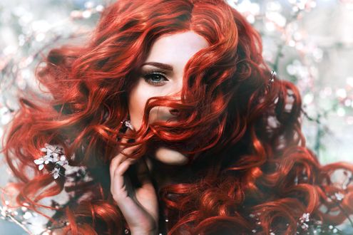 Обои на рабочий стол Девушка с длинными каштановыми волосами, фотограф Melanie Dietze