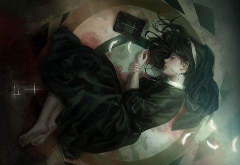 Обои на рабочий стол Девушка-монашка лежит на полу перед книгой, by Shal. E