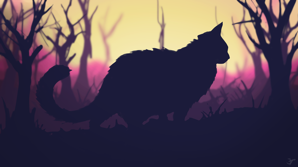 Обои на рабочий стол Силуэт кошки на фоне природы, by Cursed-Midna