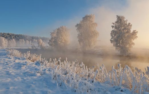 Обои на рабочий стол Холодное утро, река Свислочь, Белоруссия, фотограф Александр Гвоздь