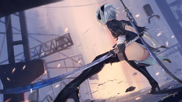 Обои на рабочий стол YoRHa №2 тип B с катаной с кем-то сражается из игры NieR: Automata, by Sombernght