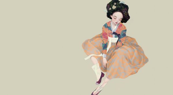 Обои на рабочий стол Корейская девушка в ханбоке сидит на сером фоне, art by Siwoo Kim