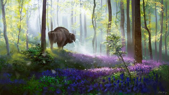 Обои на рабочий стол Призрачная девушка гладит бизона, by Alex Shiga