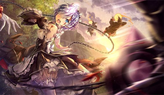 Обои на рабочий стол Горничная Rem / Рем сражается с нечистью из аниме Re:Zero kara Hajimeru Isekai Seikatsu / Жизнь с нуля в альтернативном мире