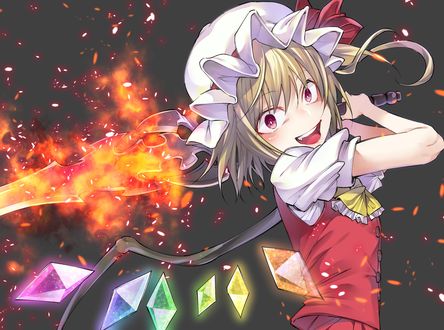 Обои на рабочий стол Радостная Flandre Scarlet / Фландре Скарлет с огненным мечом из серии компьютерных игр Touhou Project / Проект «Восток»
