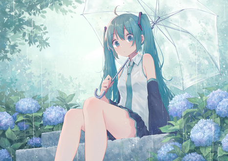Обои на рабочий стол Vocaloid Hatsune Miku / Вокалоид Хатсунэ Мику сидит на каменных ступеньках, по бокам которых растет гортензия, идет дождь