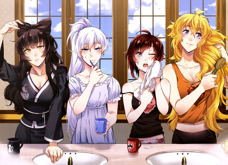 Обои на рабочий стол Утро студенток академии Бикон. Blake Belladonna / Блейк Белладонна, Weiss Shnee / Вайс Шни, Ruby Rose / Руби Роуз, Yang Xiao Long / Янь Сяо Лун из аниме RWBY / Красный, Белый, Черный, Желтый