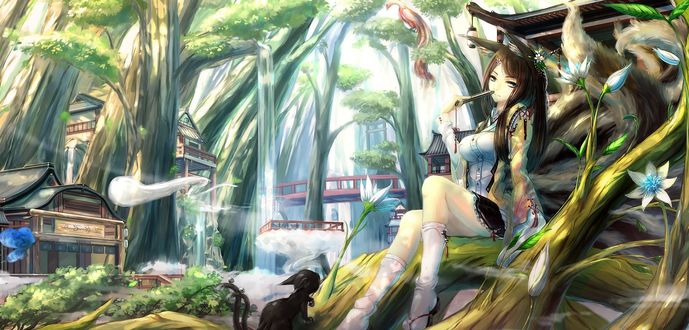 Обои на рабочий стол Kitsune / Девушка лисичка сидит на корнях деревьев