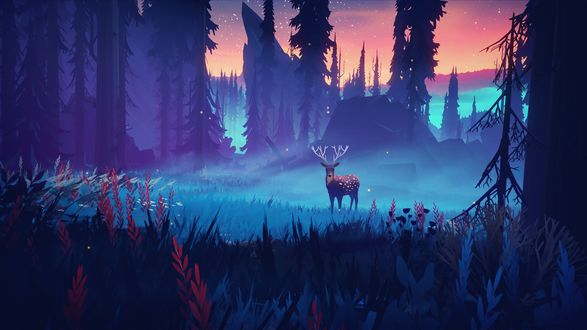 Обои на рабочий стол Олень в туманном лесу, арт к видеоигре Among Tress, by Mikael Gustafsson