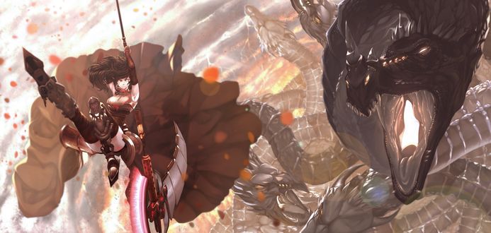 Обои на рабочий стол Ruby Rose / Руби Роуз сражается с огромными монстрами из аниме RWBY / Красный, Белый, Черный, Желтый, art by Dishwasher1910