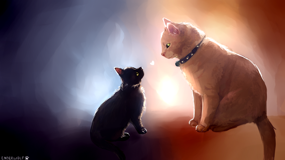 Обои на рабочий стол Рыжая кошка смотрит на черно котенка, by Integrityy