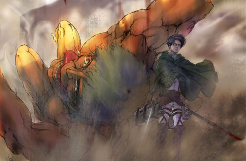 Обои на рабочий стол Levi / Леви на фоне убитого титана из аниме Атака Титана / Attack on Titan / Shingeki no Kyojin