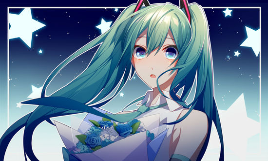 Обои на рабочий стол Vocaloid Hatsune Miku / Вокалоид Хацунэ Мику с букетом цветов