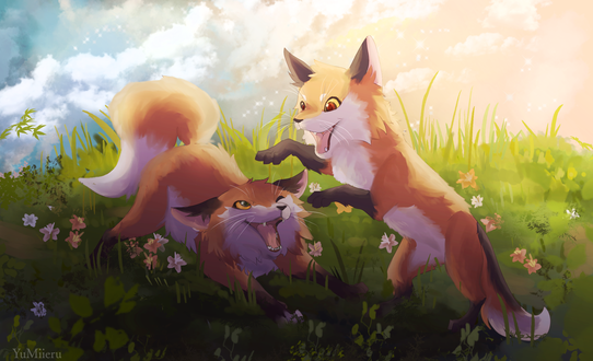 Обои на рабочий стол Два лисенка играют в траве, by YuMiieru
