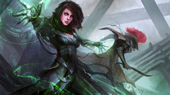 Обои на рабочий стол Девушка-маг и девушка-воин в бою, by Daniel Kamarudin