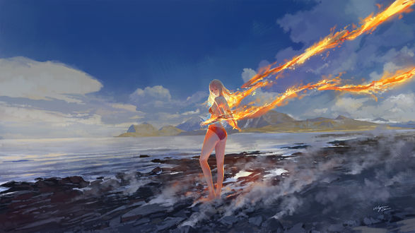 Обои на рабочий стол Девочка с огненными волосами, by Wayne Chan