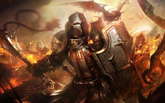 Обои на рабочий стол Рыцарь-крестоносец в бою с демонами из игры Diablo III: Reaper of Souls / Diablo III:Жнец душ, by Dmitry Prozorov
