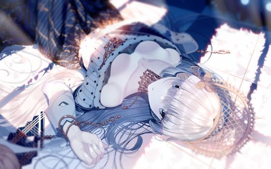 Обои на рабочий стол Сэйбер лежит на полу на спине, персонаж из онлайн RPG игры Fate: Grand Order / Судьба: Великий Приказ