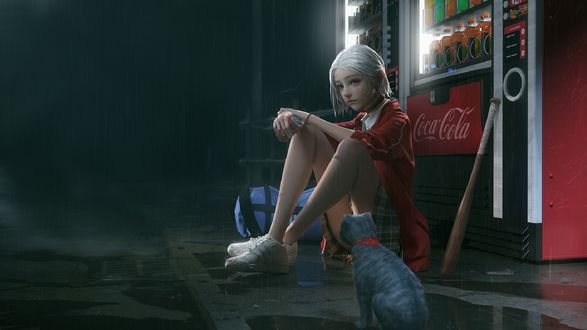 Обои на рабочий стол Девушка на асфальте и перед ней сидит кошка, by Rui Li