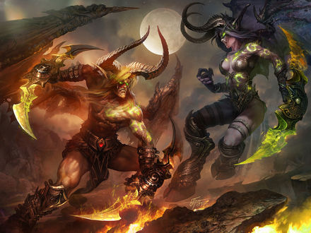 Обои на рабочий стол Битва между демонами-мужчиной и девушкой из игры World of Warcraft / Мир военного ремесла, by Dmitry Prozorov