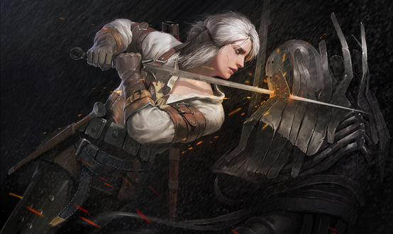 Обои на рабочий стол Ciri / Цирилла в бою из игры The Witcher / Ведьмак, by Moxuan Zhang