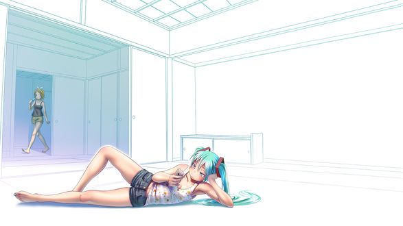 Обои на рабочий стол Vocaloid Miku Hatsune / вокалоид Мику Хацунэс телефоном лежит в комнате, мимо проходит Rin Kagamine / Рин Кагамине