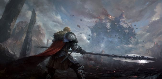 Обои на рабочий стол Воин с секирой смотрит на каменного великана, by Yongsoon Park