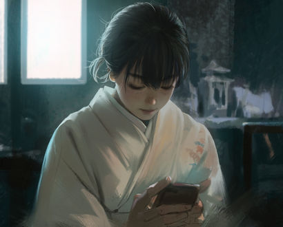 Обои на рабочий стол Девушка в кимоно сидит в комнате с телефоном в руках, by Rui Li