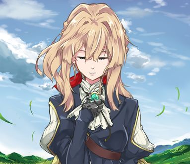 Обои на рабочий стол Violet Evergarden / Вайолет Эвергарден держится рукой за брош из аниме Violet Evergarden