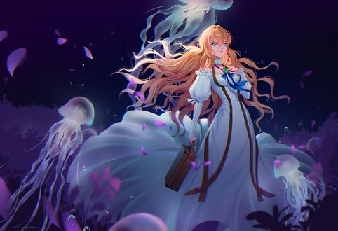 Обои на рабочий стол Violet Evergarden / Вайолет Эвергарден с чемоданчиком среди медуз из аниме Violet Evergarden