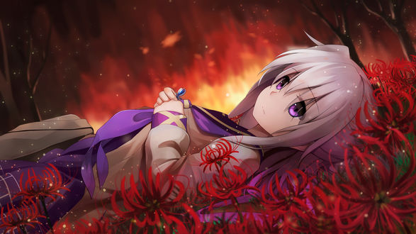Обои на рабочий стол Yukikaze / Юкикадзе лежит на поляне красных цветов ликориса, на заднем фоне виден огонь, персонаж из мобильной игры Zhan Jian Shao Nyu / Warship Girls, art by Xiaoyin Li